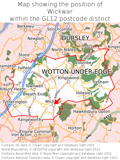 Map showing location of Wickwar within GL12