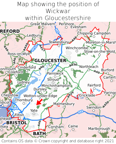 Map showing location of Wickwar within Gloucestershire