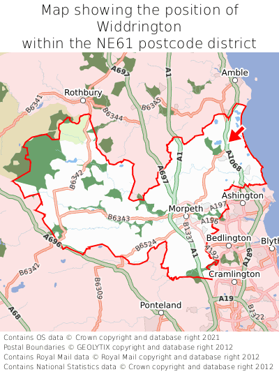 Map showing location of Widdrington within NE61