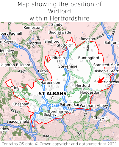 Map showing location of Widford within Hertfordshire