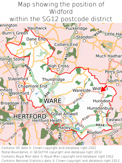 Map showing location of Widford within SG12