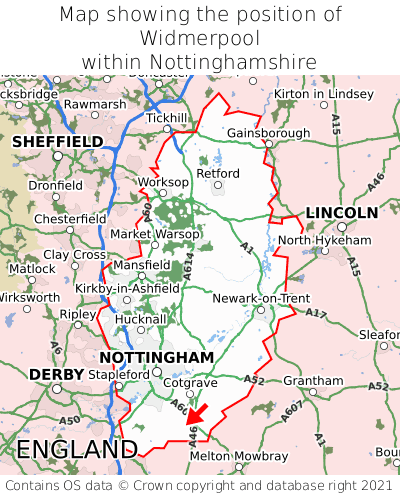 Map showing location of Widmerpool within Nottinghamshire