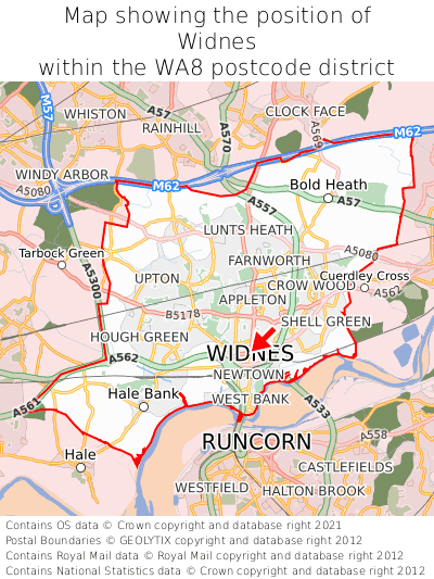 Map showing location of Widnes within WA8