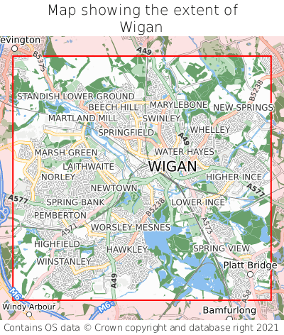 Map showing extent of Wigan as bounding box