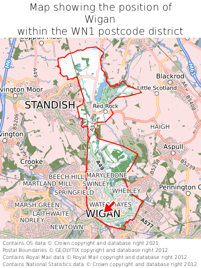 Map showing location of Wigan within WN1