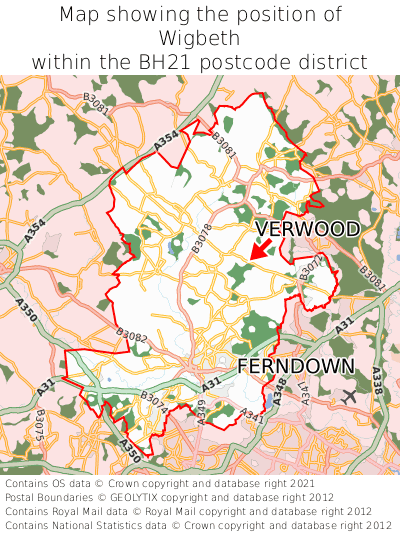 Map showing location of Wigbeth within BH21