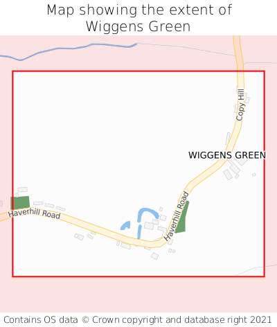Map showing extent of Wiggens Green as bounding box