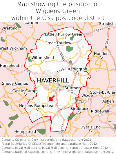 Map showing location of Wiggens Green within CB9