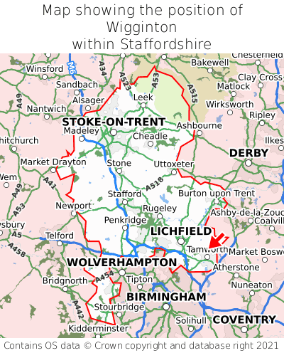 Map showing location of Wigginton within Staffordshire