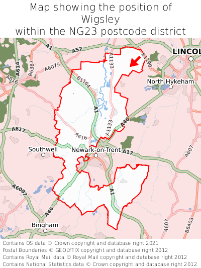 Map showing location of Wigsley within NG23
