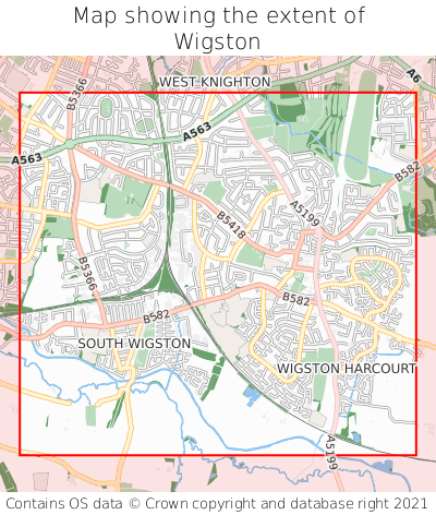 Map showing extent of Wigston as bounding box