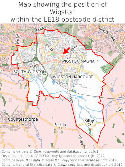 Map showing location of Wigston within LE18