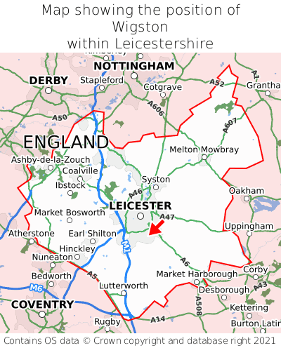 Map showing location of Wigston within Leicestershire