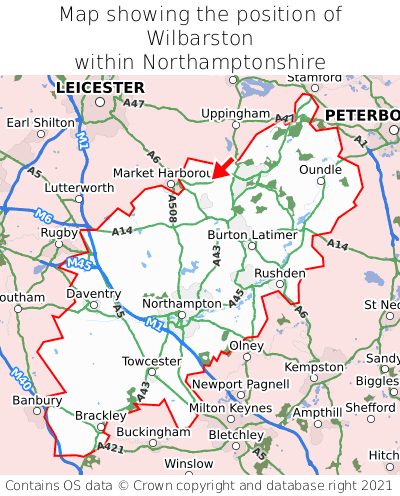 Map showing location of Wilbarston within Northamptonshire
