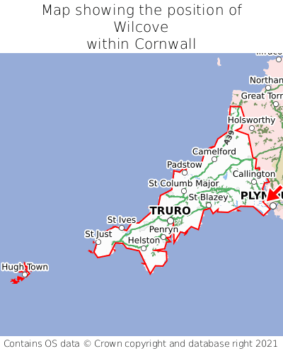 Map showing location of Wilcove within Cornwall