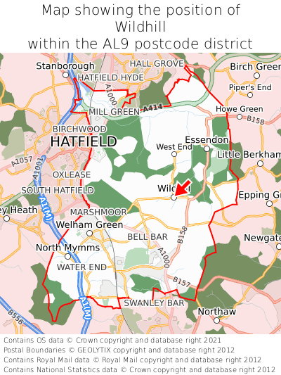 Map showing location of Wildhill within AL9