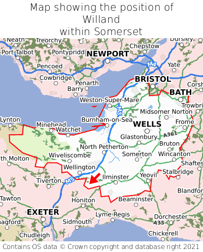 Map showing location of Willand within Somerset