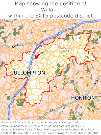 Map showing location of Willand within EX15