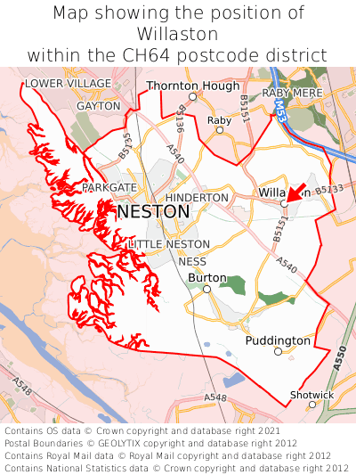 Map showing location of Willaston within CH64