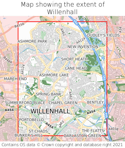 Map showing extent of Willenhall as bounding box