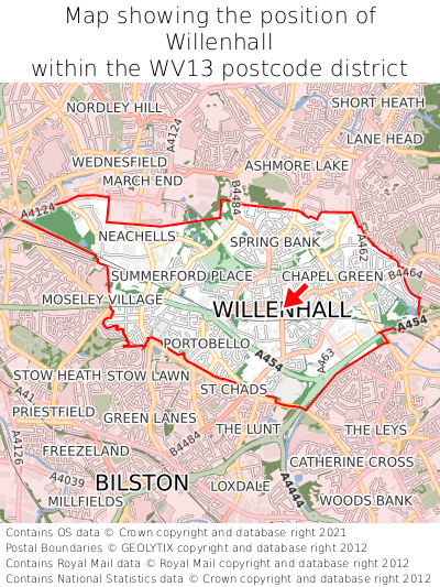 Map showing location of Willenhall within WV13