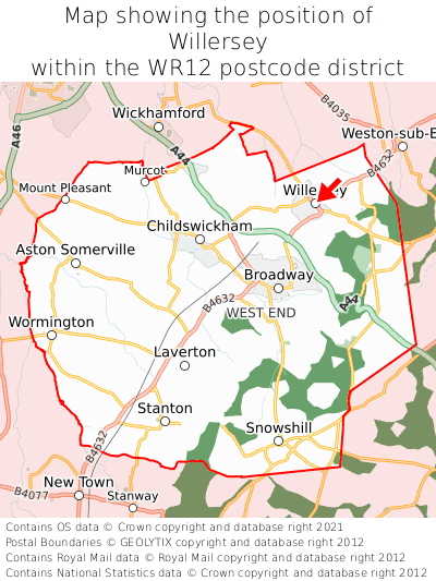 Map showing location of Willersey within WR12