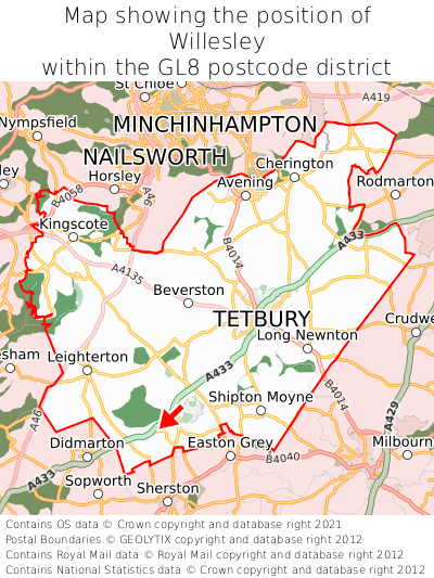 Map showing location of Willesley within GL8