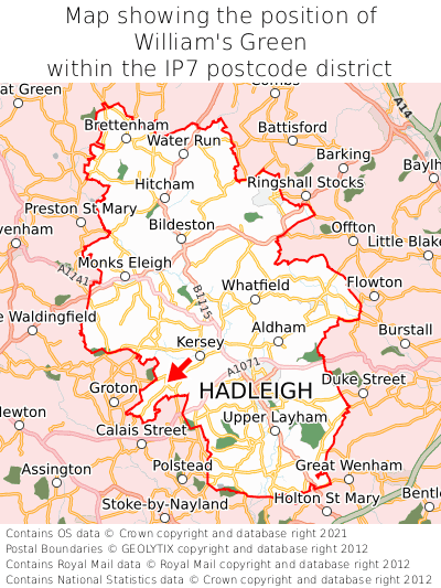 Map showing location of William's Green within IP7