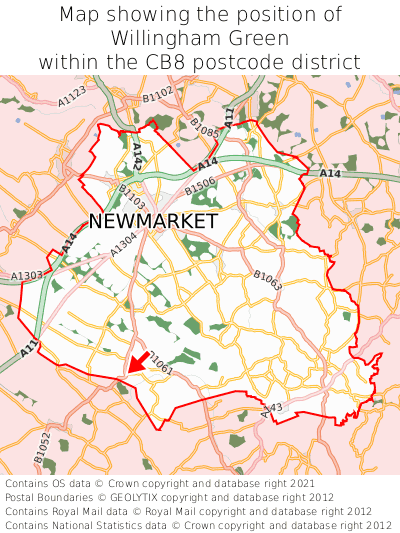 Map showing location of Willingham Green within CB8