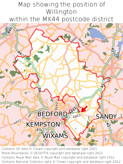 Map showing location of Willington within MK44