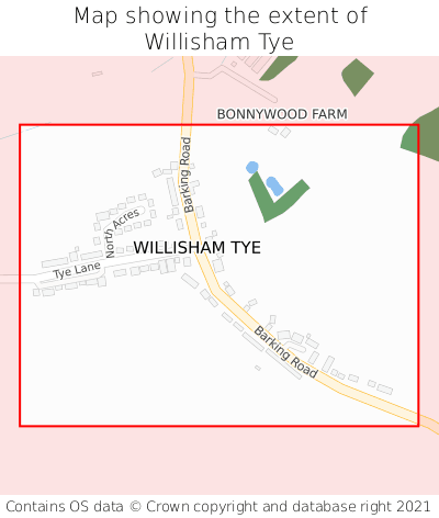 Map showing extent of Willisham Tye as bounding box