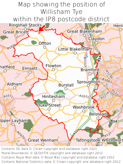 Map showing location of Willisham Tye within IP8