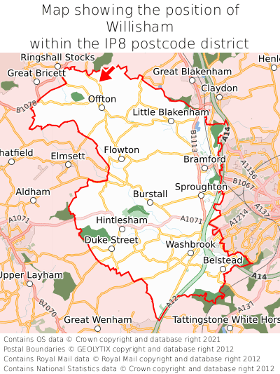 Map showing location of Willisham within IP8