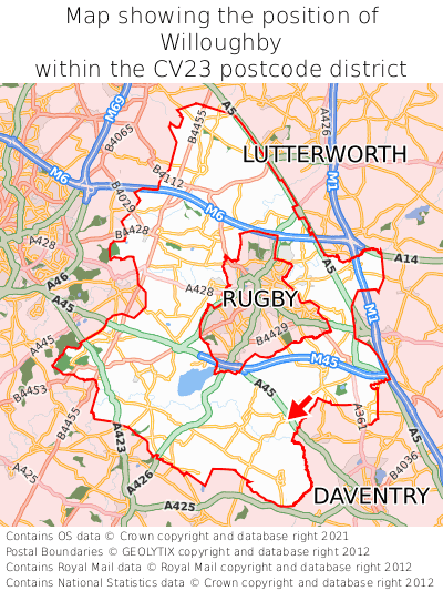 Map showing location of Willoughby within CV23