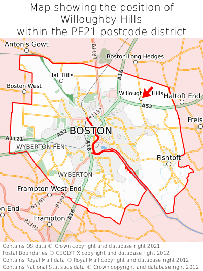 Map showing location of Willoughby Hills within PE21