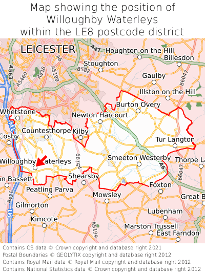 Map showing location of Willoughby Waterleys within LE8