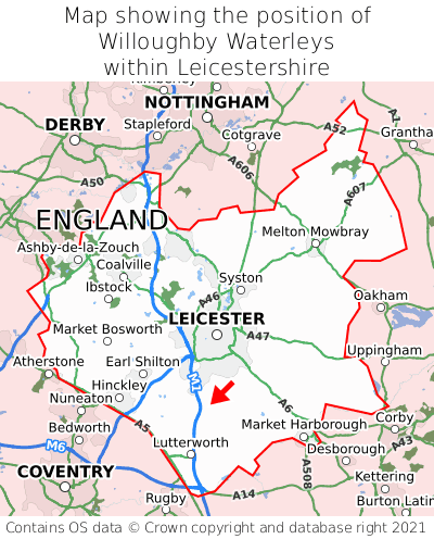 Map showing location of Willoughby Waterleys within Leicestershire