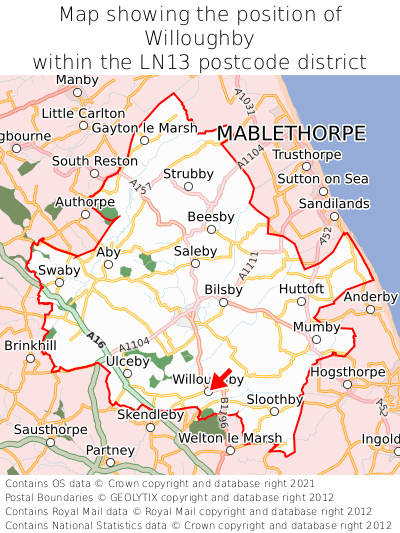 Map showing location of Willoughby within LN13