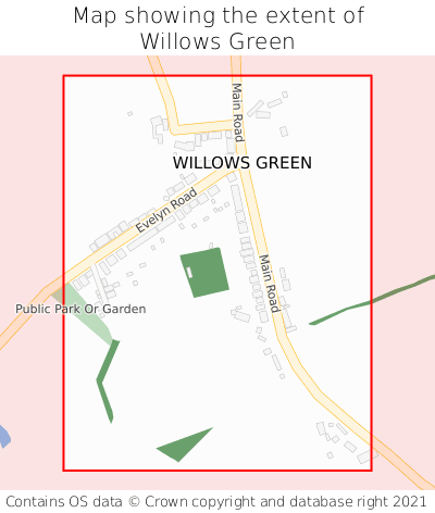 Map showing extent of Willows Green as bounding box