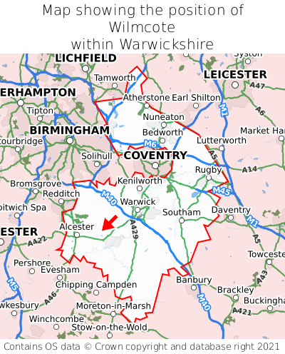 Map showing location of Wilmcote within Warwickshire