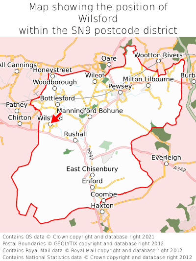 Map showing location of Wilsford within SN9