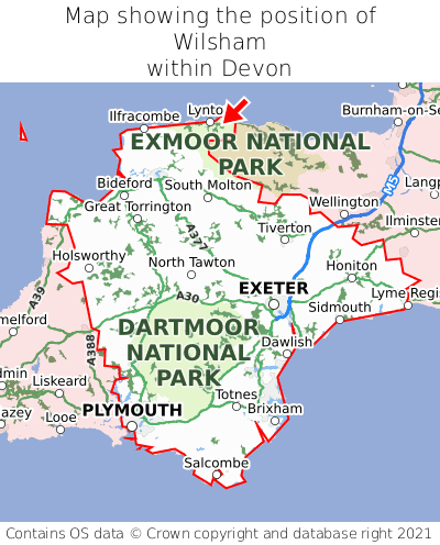Map showing location of Wilsham within Devon