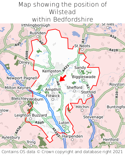 Map showing location of Wilstead within Bedfordshire