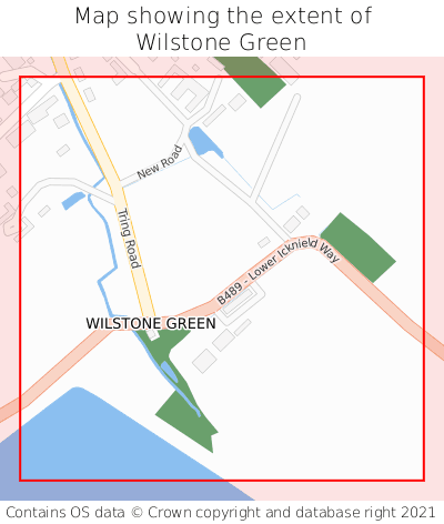 Map showing extent of Wilstone Green as bounding box