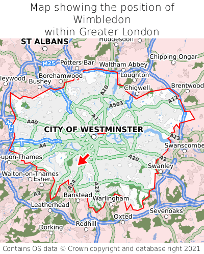 Map showing location of Wimbledon within Greater London