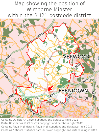 Map showing location of Wimborne Minster within BH21