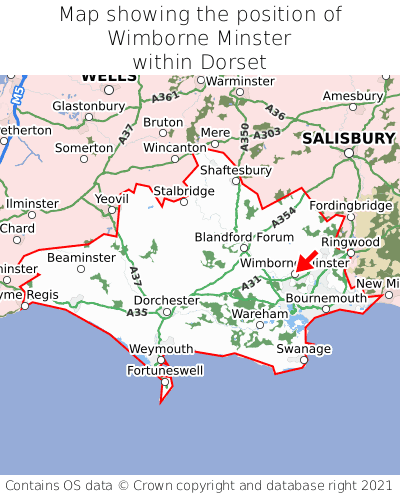 Map showing location of Wimborne Minster within Dorset