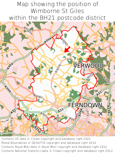 Map showing location of Wimborne St Giles within BH21