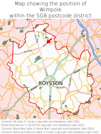 Map showing location of Wimpole within SG8