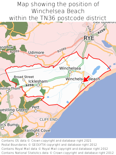 Map showing location of Winchelsea Beach within TN36